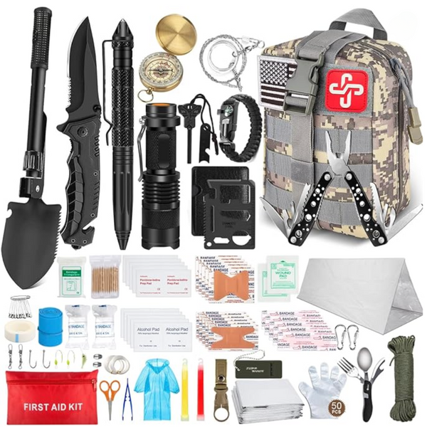 Emergency Survival Kit and First Aid Kit, Professional Survival Gear Tool with Tactical Molle Pouch and Emergency Tent for Earthquake, Camping, Hiking, Hunting: 238 pc