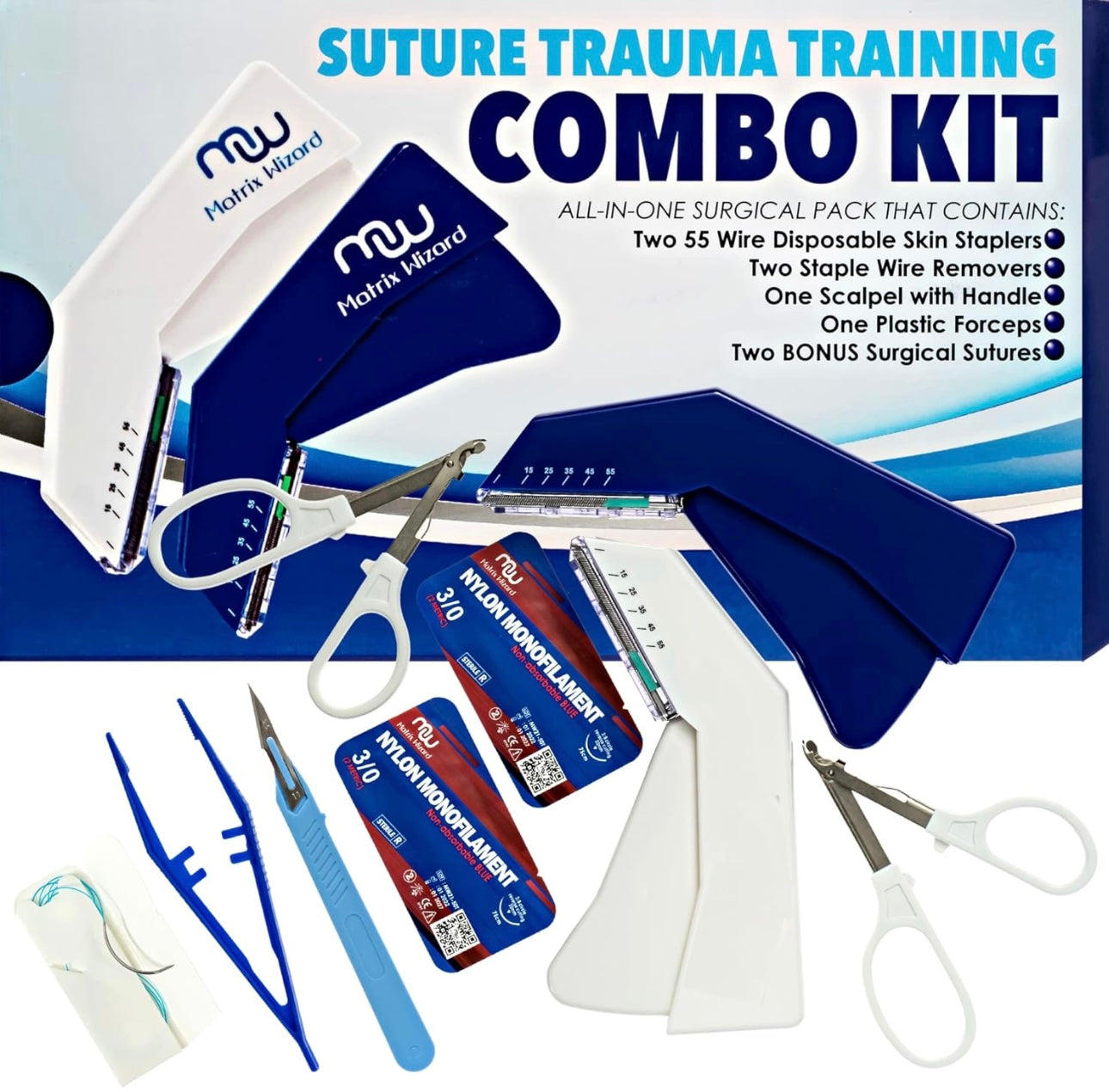 Sterile Suture Tool Kit - First Aid Field Emergency Practice Suture Thread with Needle, Disposable Clinical Rotation Stapler Training, Wound Closure Training Kit, Taxidermy, Anatomy Vet Use