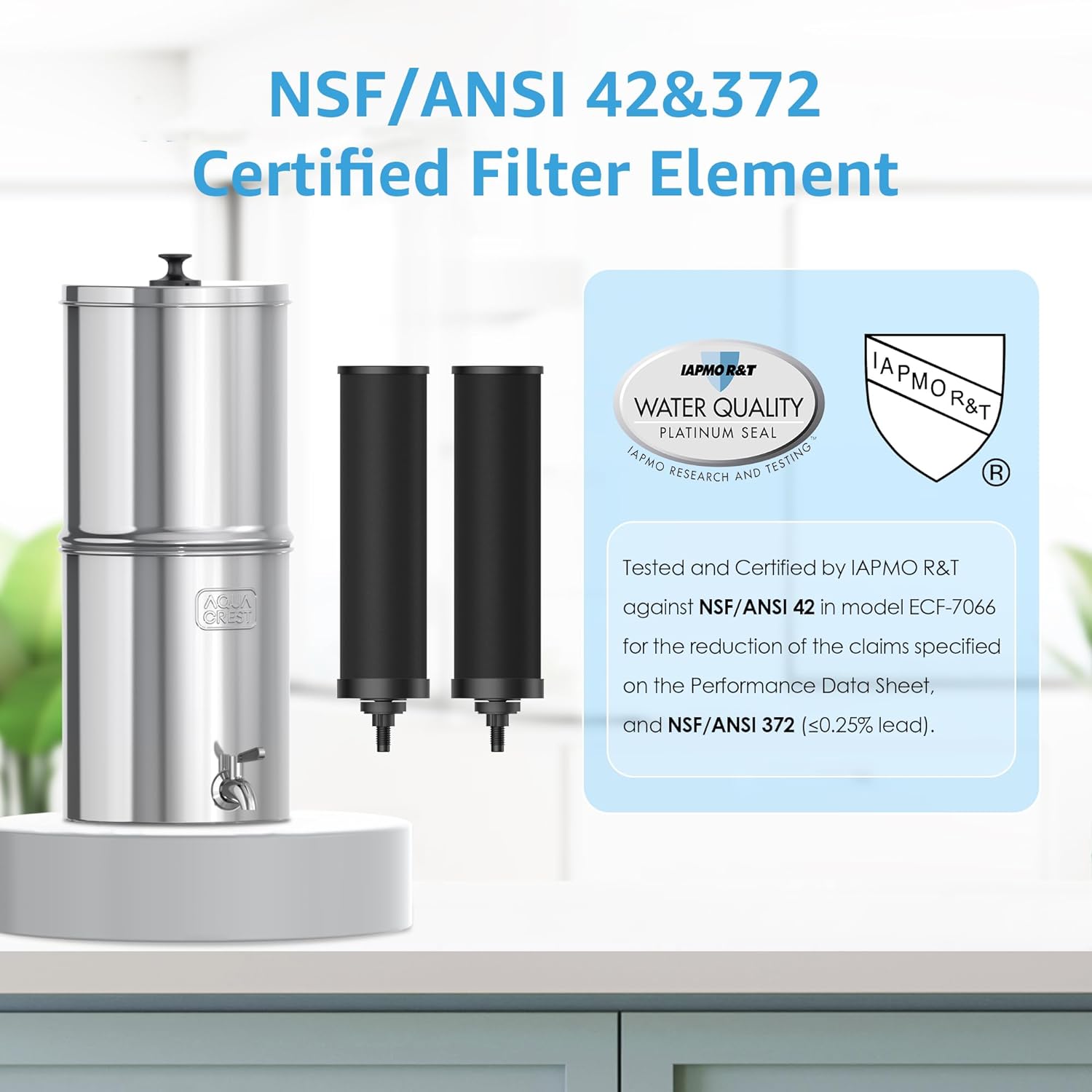 Gravity Water Filter System, NSF/ANSI 42&372 Certified Black Carbon Filters, Reduce Lead and Up to 99% Chlorine, 2.25G, for Home, Camping, RVing, Off-Grid, Emergencies, AQ-TN-A
