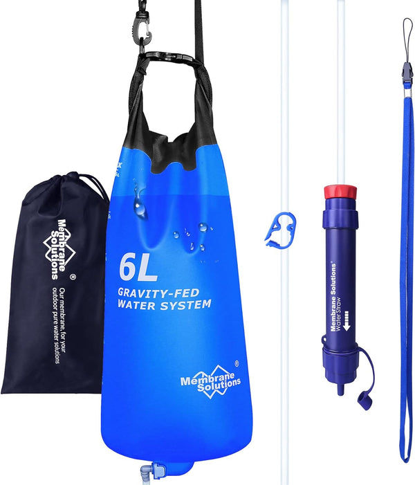 Gravity Water Filter Pro 6L, 0.1-Micron Versatile Water Purifier Camping with Adjustable Tree Strap Storage Bag, Survival Gear for Group Emergency Preparedness