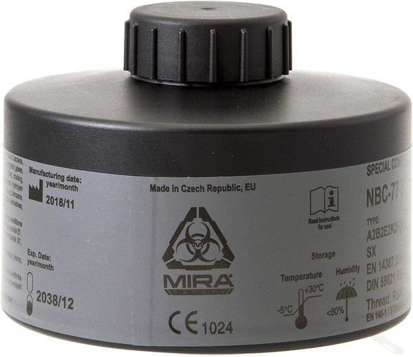 MIRA Safety - NBC-77 SOF - Single 40mm Gas Mask Filter - Special Combined CBRN Respirator Filters - NATO Standard Size (40mm x 1/7") - Canister Filter Fits CBRN Gas Masks - 20 Year Shelf Life