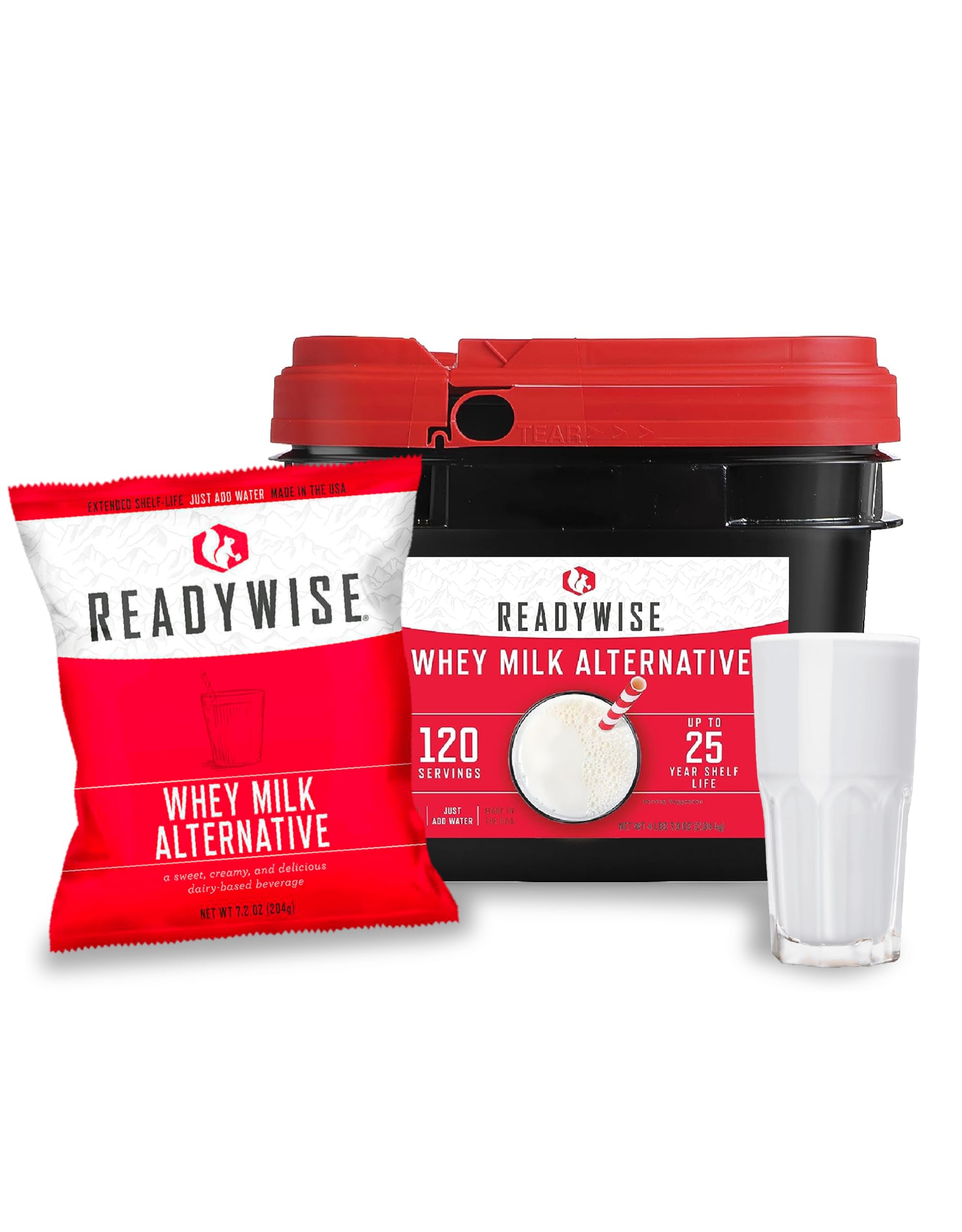 READYWISE - Whey Milk Alternative Bucket, 120 Servings, Emergency, MRE Meal & Drink Supply, Premade, Freeze Dried Survival Drink for Hiking, Adventure and Camping Essentials, Individually Packaged, 25 Year Shelf Life