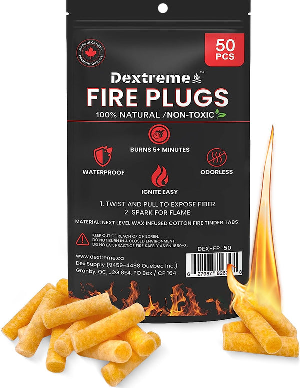 Dextreme Fire Plugs (50) Waterproof Fire Starter for Campfires, Emergencies, Survival, Fire Pits, Grills | 5+ Minute Burn | All Natural | Made in