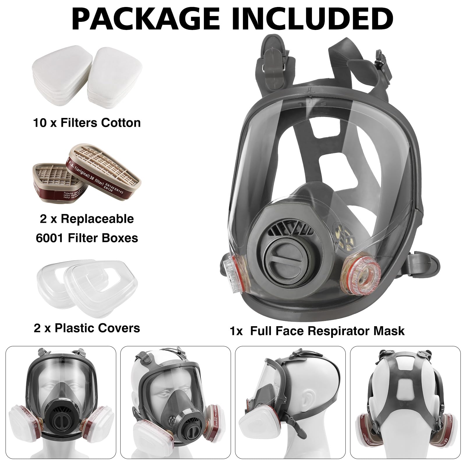 Reusable Full Face Gas Respirator Mask - Gas Masks with Activated Carbon Filter Against Gases/Dust/Organic Vapor/Fume