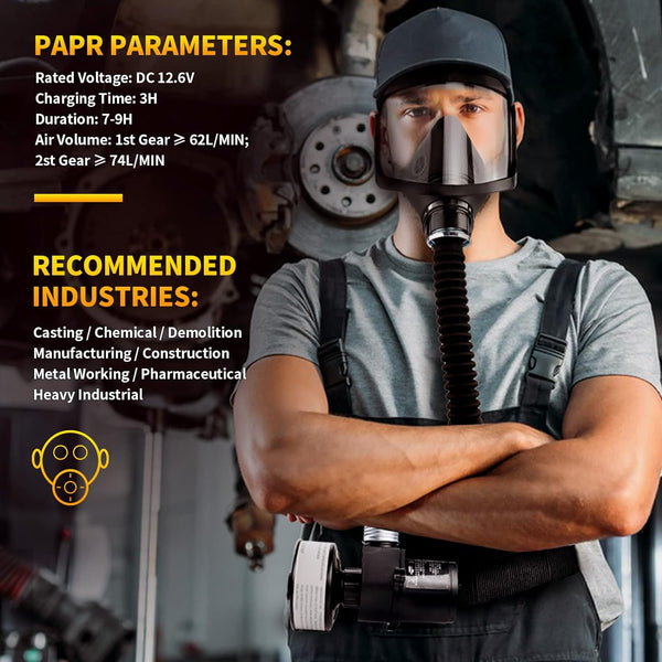 Air Purifying Respirator, Portable PAPR Respirator System, PAPR Respirator with 40mm Gas Mask Filters, Supplied Air Respirator for Industry, Gas Mask for Gases Resin Paint
