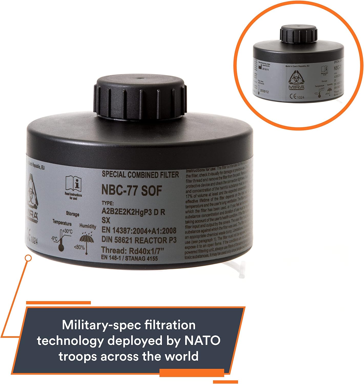 MIRA Safety - NBC-77 SOF - Single 40mm Gas Mask Filter - Special Combined CBRN Respirator Filters - NATO Standard Size (40mm x 1/7