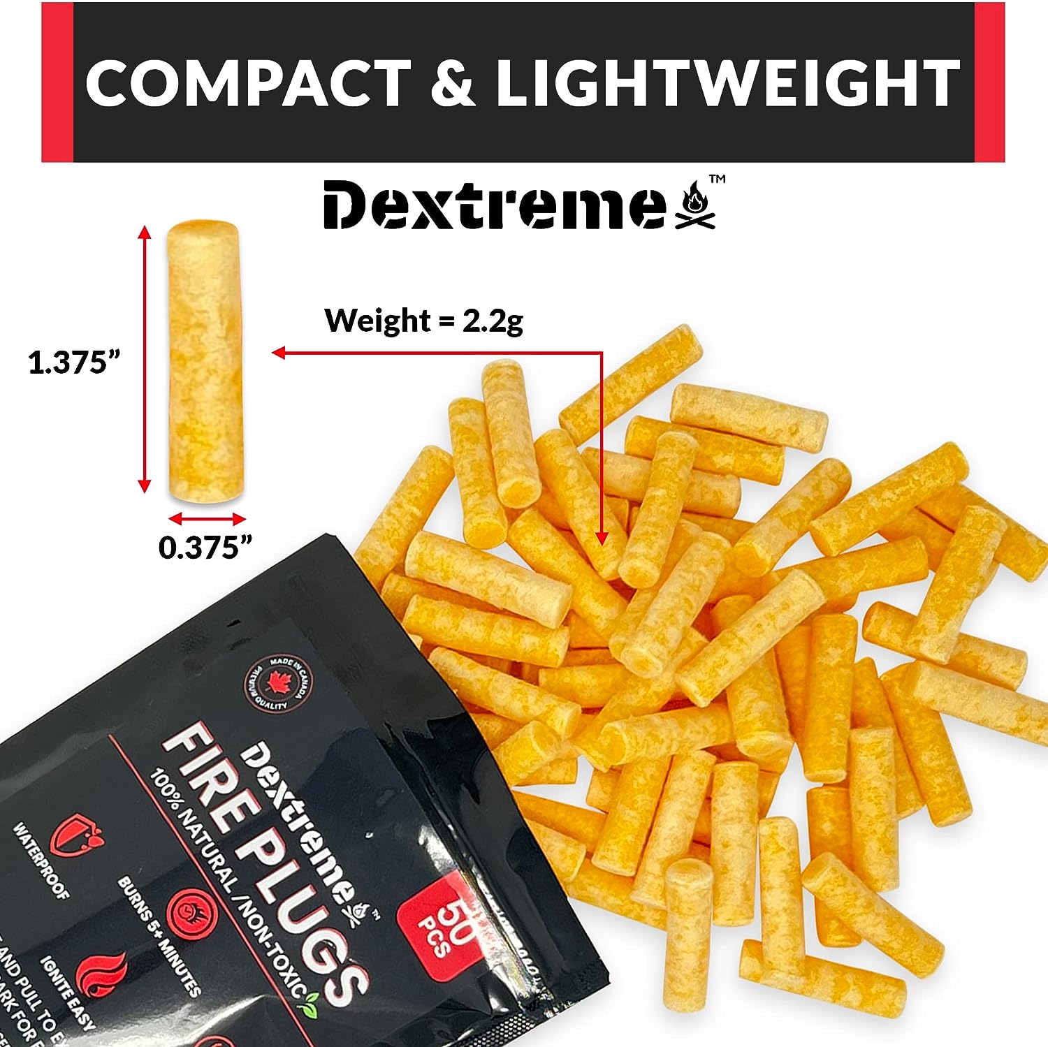 Dextreme Fire Plugs (50) Waterproof Fire Starter for Campfires, Emergencies, Survival, Fire Pits, Grills | 5+ Minute Burn | All Natural