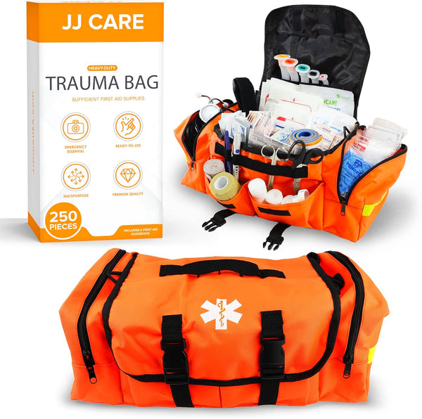 Trauma Bag 250PCS First Responder Kit, EMT Bag with Padded Strap, Reflective Medical Bag Fully Stocked, Multiple Pockets EMS EMT Bags Fully Stocked, First Aid Trauma Bags Fully Stocked
