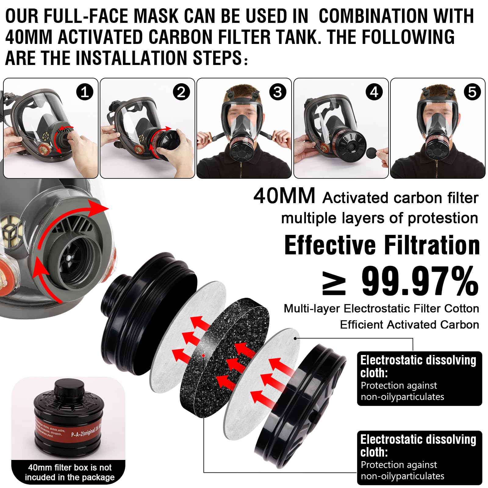 Reusable Full Face Gas Respirator Mask - Gas Masks with Activated Carbon Filter Against Gases/Dust/Organic Vapor/Fume