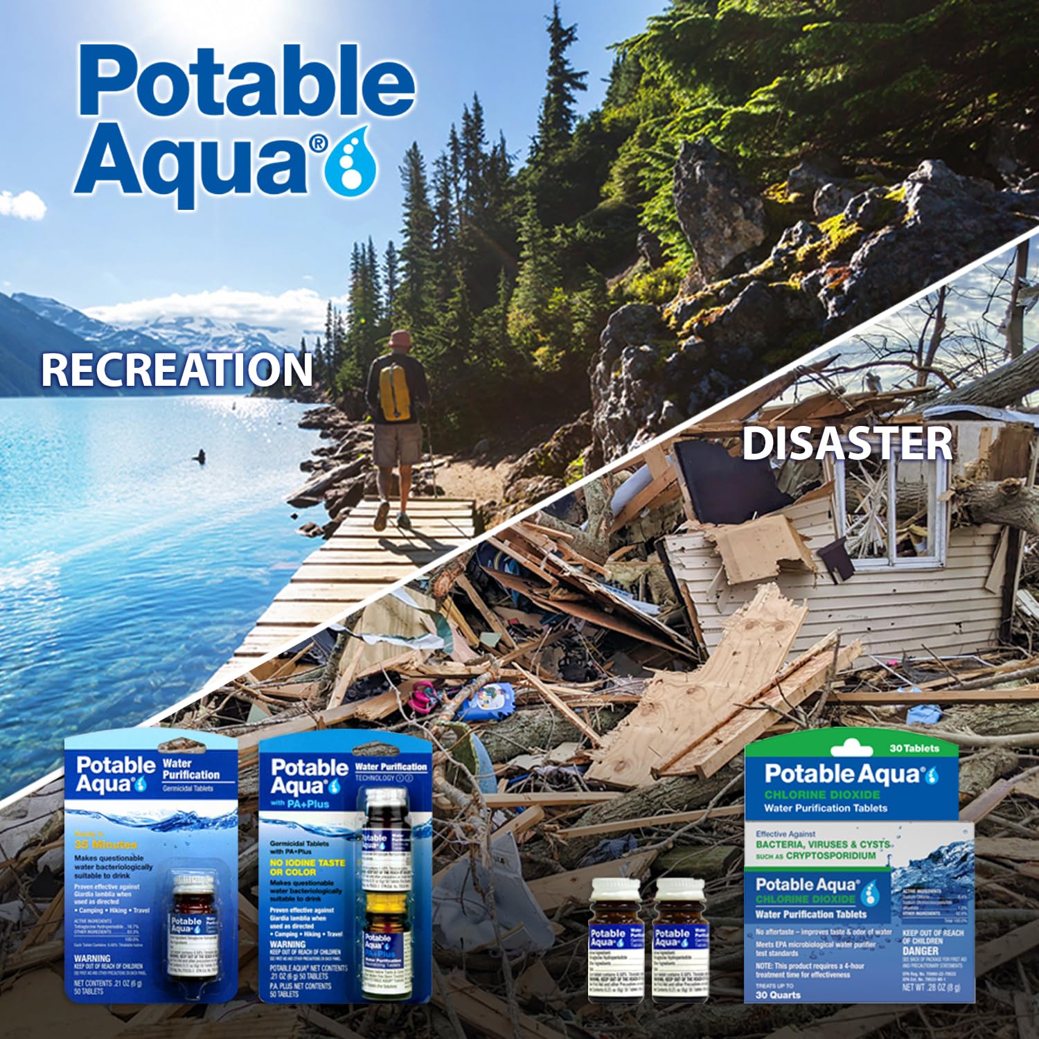 Potable Aqua Water Purification Tablets, Portable and Effective Water Purification Solution for Camping, Hiking, Emergencies, Natural Disasters and International Travel
