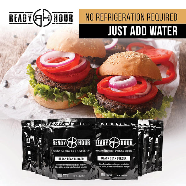 Ready Hour, Black Bean Burger Mix, Real Non-Perishable Recipe, 25-Year Shelf Life, Emergency and Adventure Food Supply, Includes 10 Resealable Pouches, 60 Servings