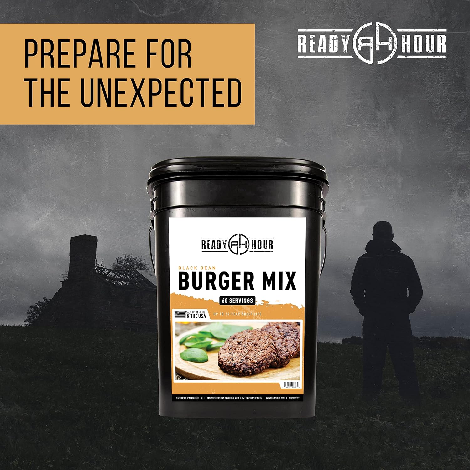 Ready Hour, Black Bean Burger Mix, Real Non-Perishable Recipe, 25-Year Shelf Life, Emergency and Adventure Food Supply, Includes 10 Resealable Pouches, 60 Servings
